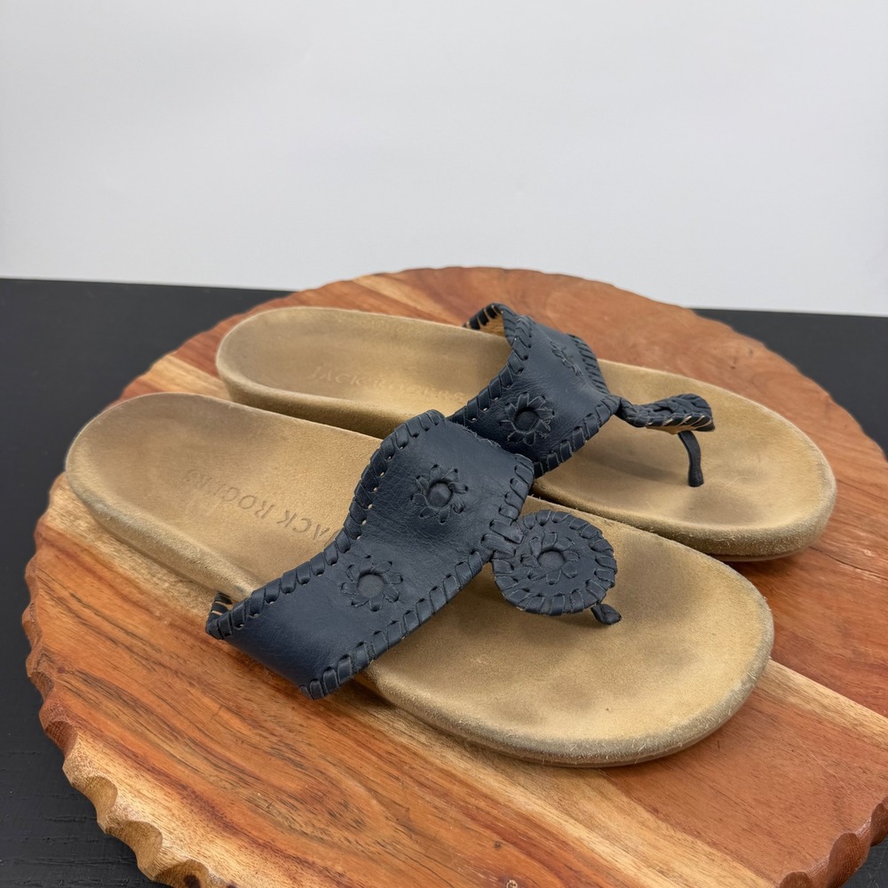 Jack Rogers Comfort Jacks Sandals Womens 8.5 Navy Blue Whipstitch Leather Slides